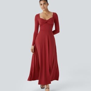 Halara, Sweetheart Neck Long Sleeve Pocket Flare Flowy Maxi Dress, Red, Sz Small